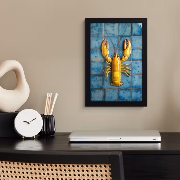 Poster met lijst - Kreeft - Geel - Blauw - Tegels — 3