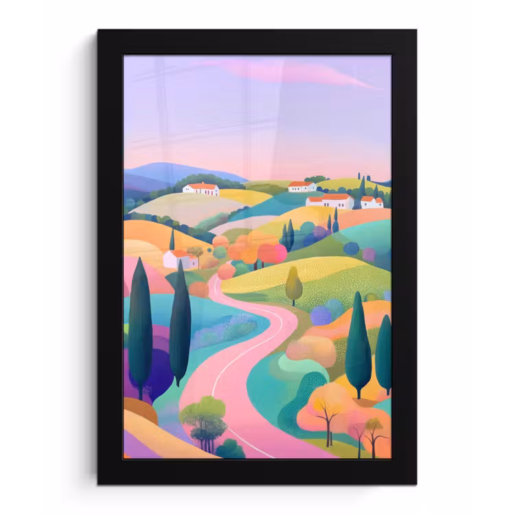 Poster met lijst - Landschap - Paars - Pastel - Huizen — 1