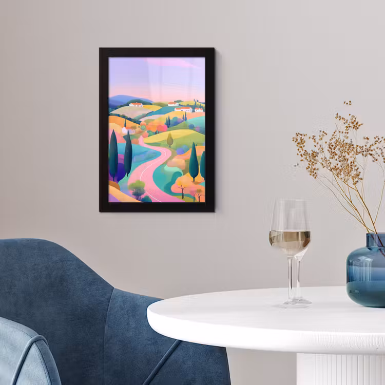 Poster met lijst - Landschap - Paars - Pastel - Huizen — 2