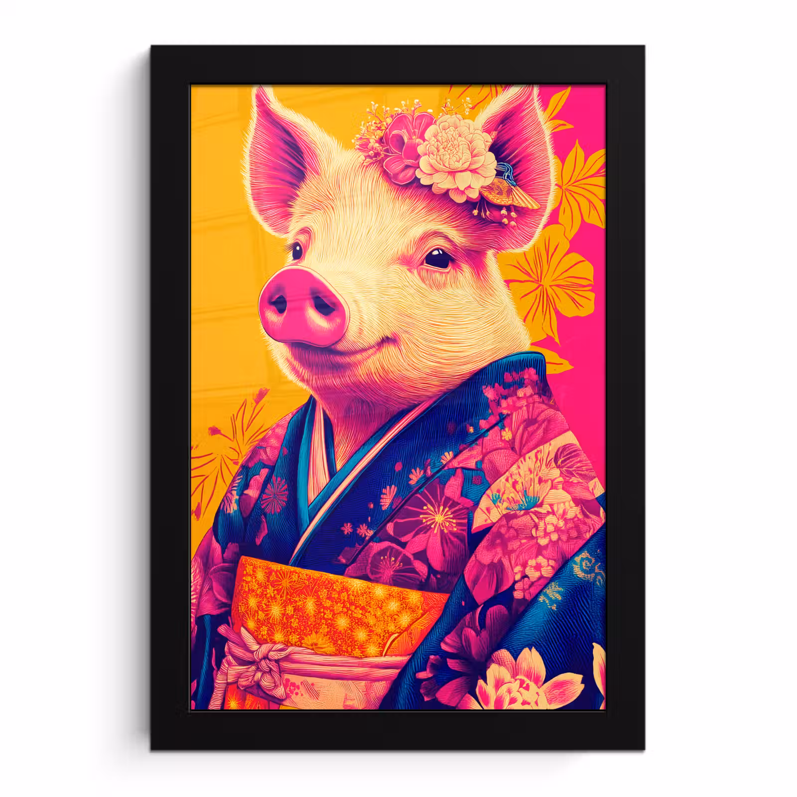 Poster met lijst - Varken - Bloemkroon - Kimono - Abstract — 1