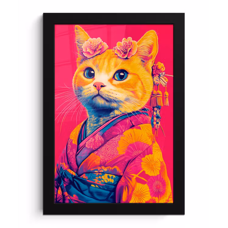 Poster met lijst - Kat - Kimono - Bloemen - Roze — 1