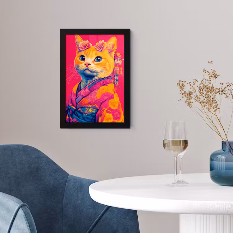 Poster met lijst - Kat - Kimono - Bloemen - Roze — 2