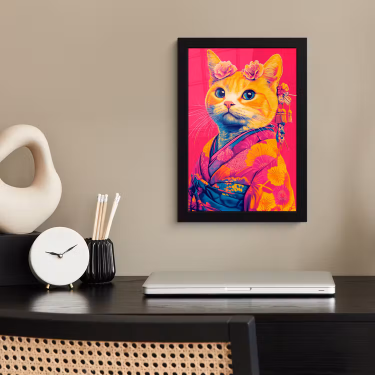 Poster met lijst - Kat - Kimono - Bloemen - Roze — 3