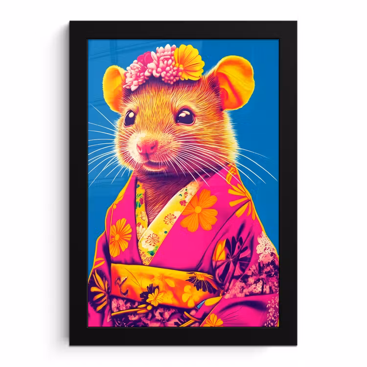 Poster met lijst - Muis - Kimono - Bloemen - Blauw — 1