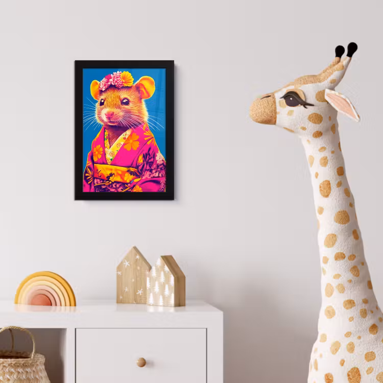 Poster met lijst - Muis - Kimono - Bloemen - Blauw — 5