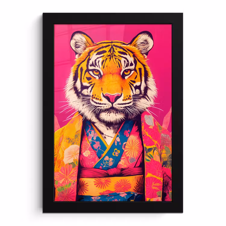Poster met lijst - Tijger - Kimono - Planten - Roze — 1