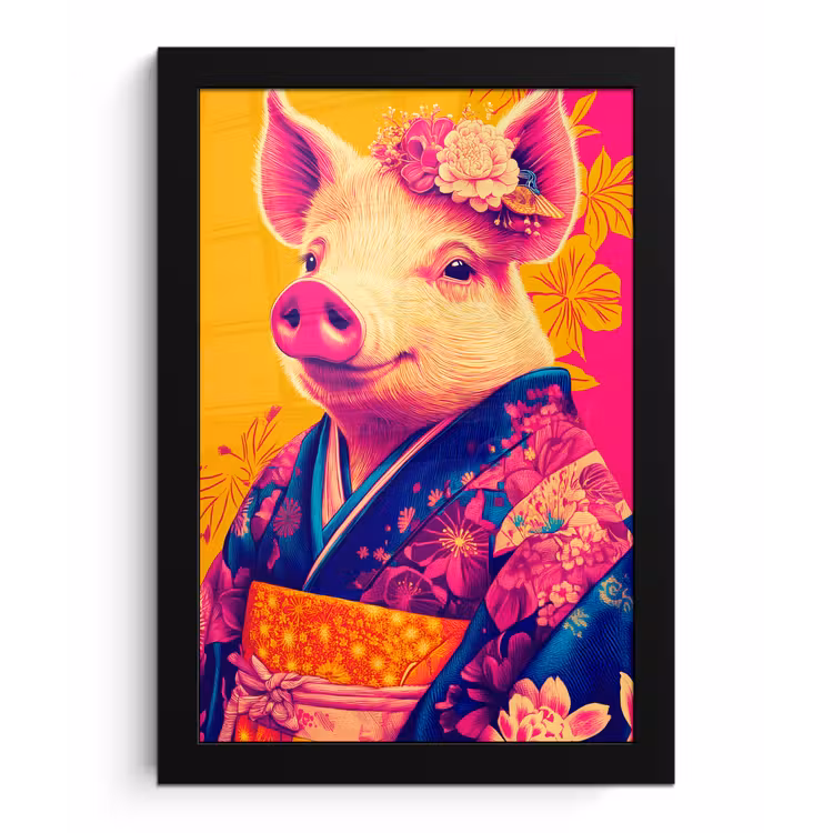 Poster met lijst - Varken - Bloemkroon - Kimono - Abstract — 1