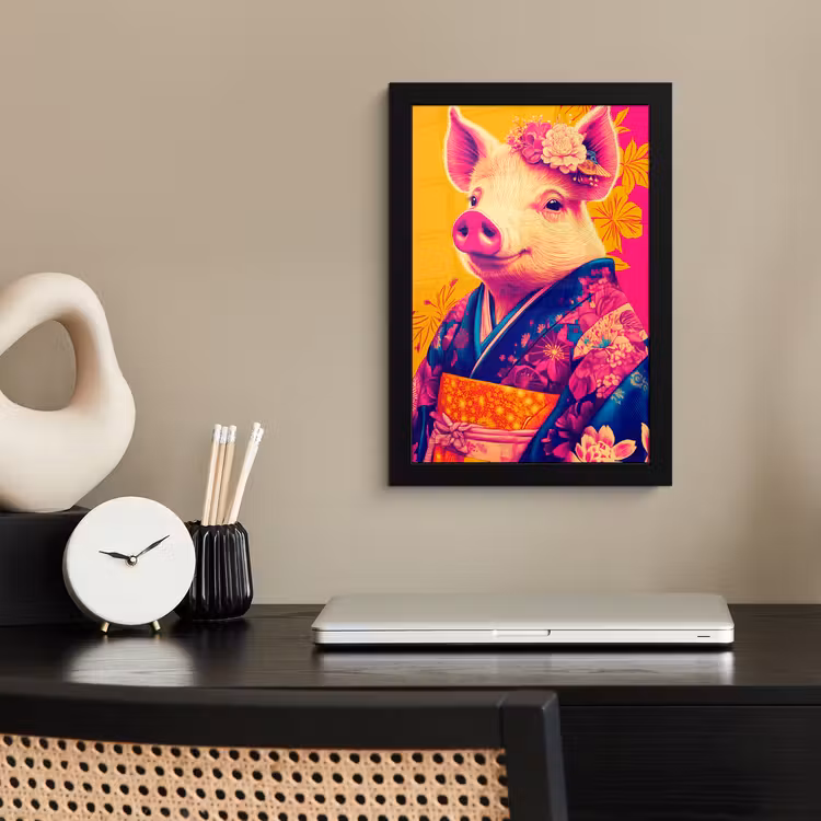 Poster met lijst - Varken - Bloemkroon - Kimono - Abstract — 3