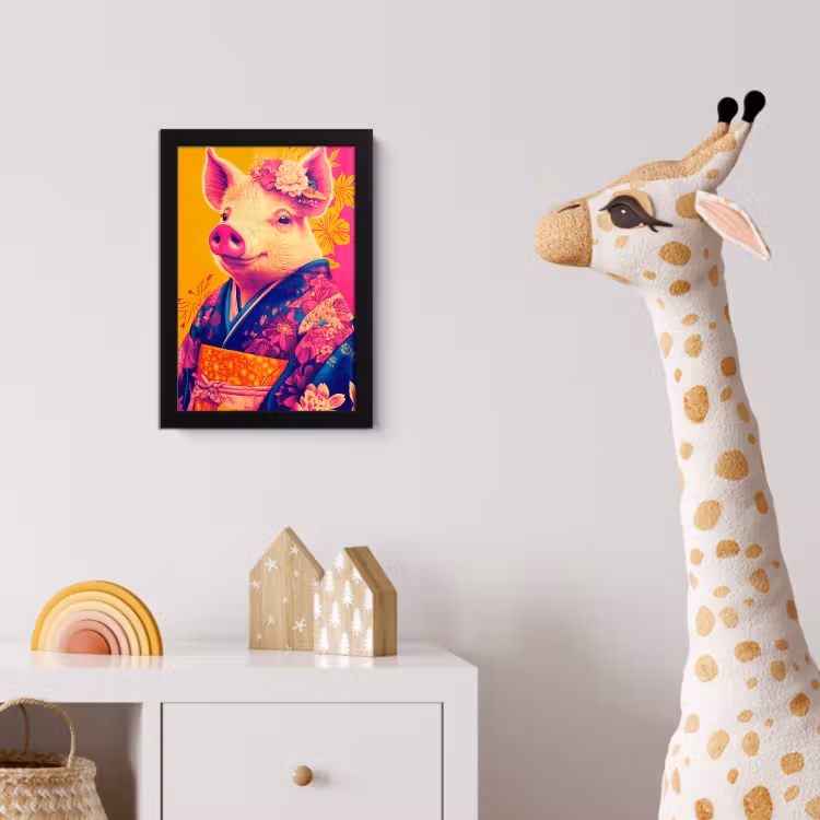 Poster met lijst - Varken - Bloemkroon - Kimono - Abstract — 5