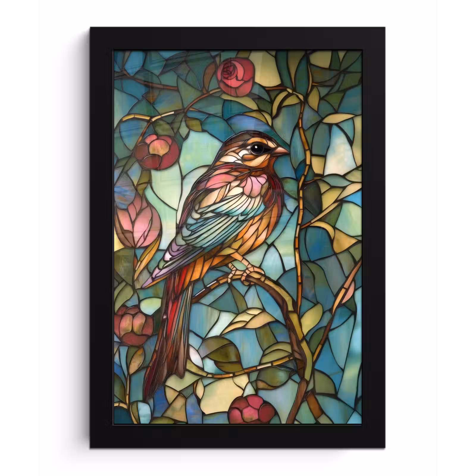 Poster met lijst - Vogel - Tak - Rozen - Mozaïek — 1