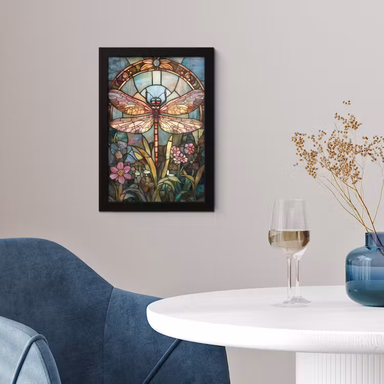 Poster met lijst - Libelle - Mozaïek - Bloemen - Kleurrijk — 2