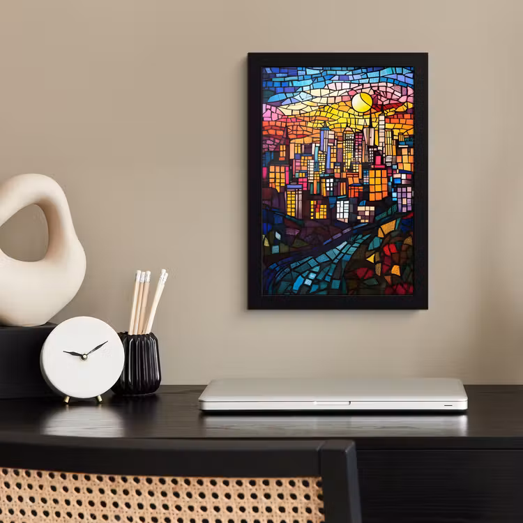 Poster met lijst - Stad - Maan - Mozaïek - Kleurrijk — 3