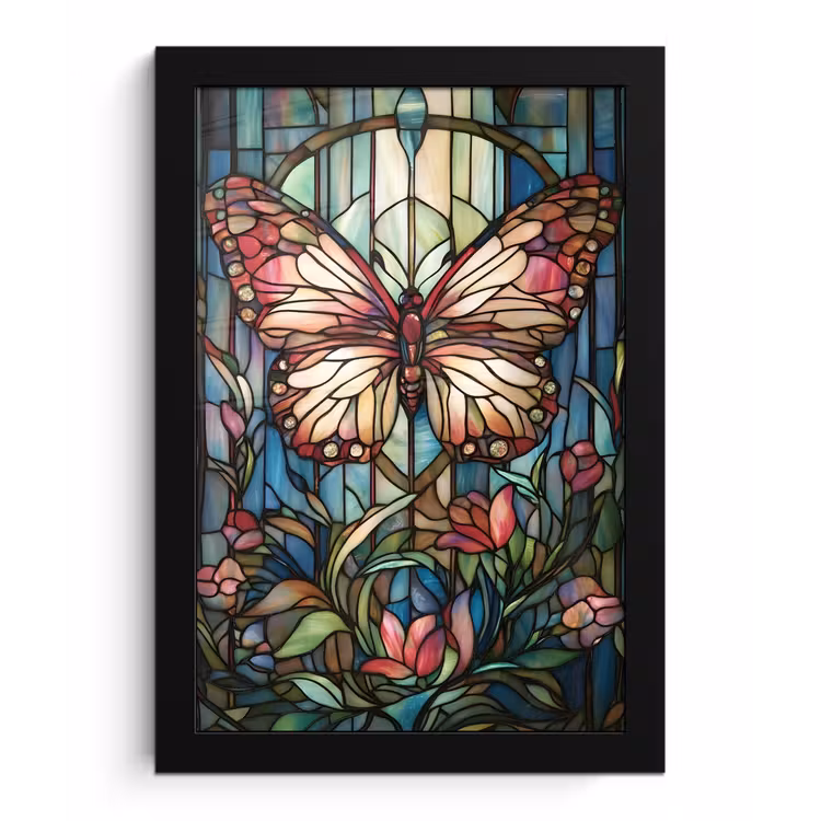 Poster met lijst - Vlinder - Roze - Bloemen - Bladeren — 1