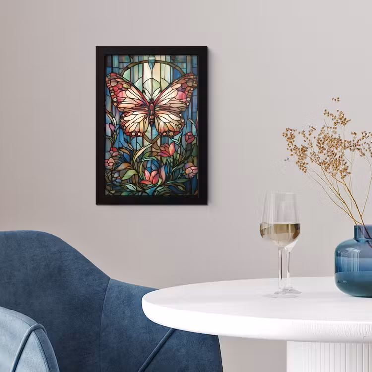 Poster met lijst - Vlinder - Roze - Bloemen - Bladeren — 2
