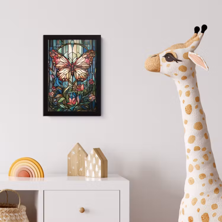 Poster met lijst - Vlinder - Roze - Bloemen - Bladeren — 5