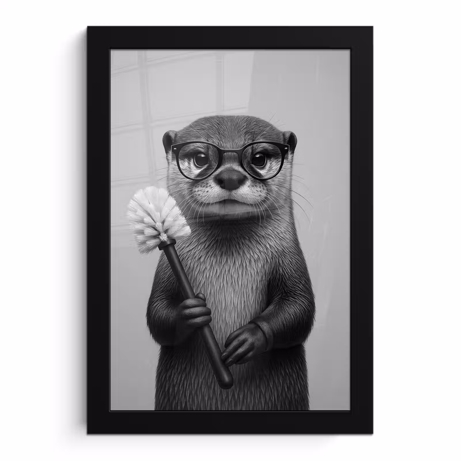 Poster met lijst - Otter - Wc-borstel - Bril - Zwart - Wit — 1