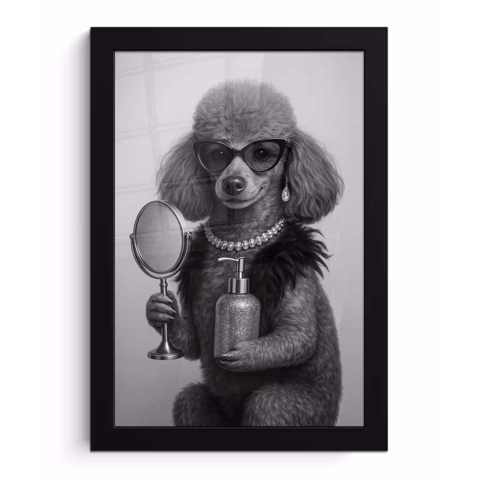 Poster met lijst - Poedel - Spiegel - Zwart - Wit — 1