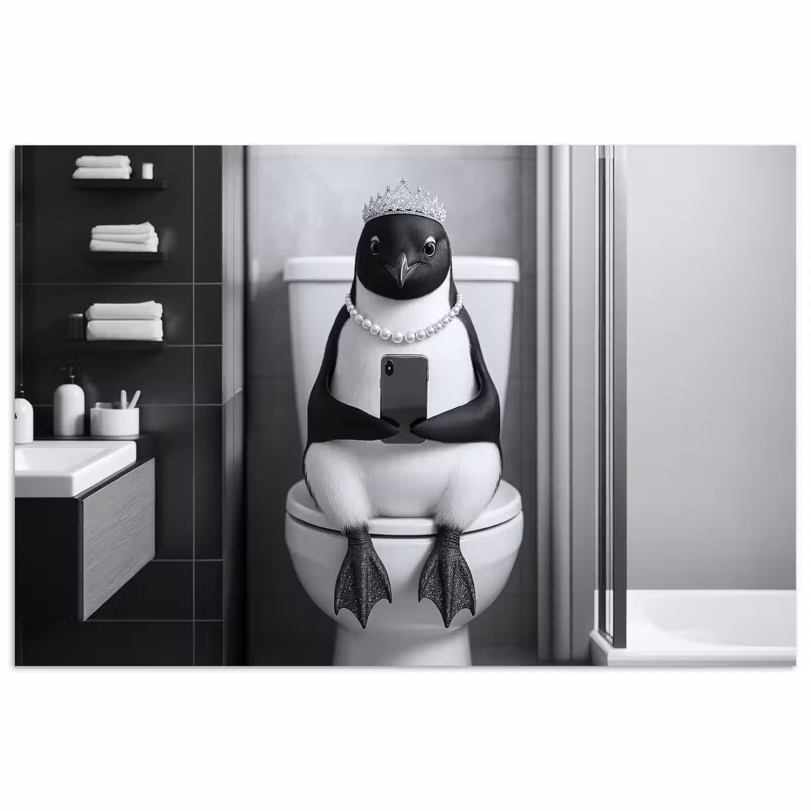 Poster - Pinguïn - Telefoon - Toilet - Zwart - Wit — 1