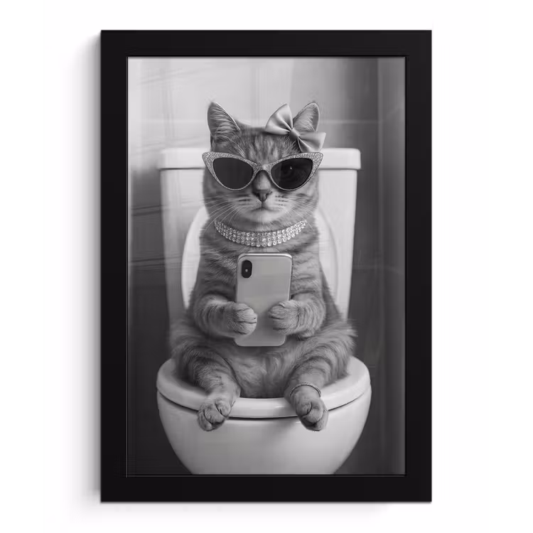 Poster met lijst - Kat - Telefoon - Toilet - Zwart - Wit — 1