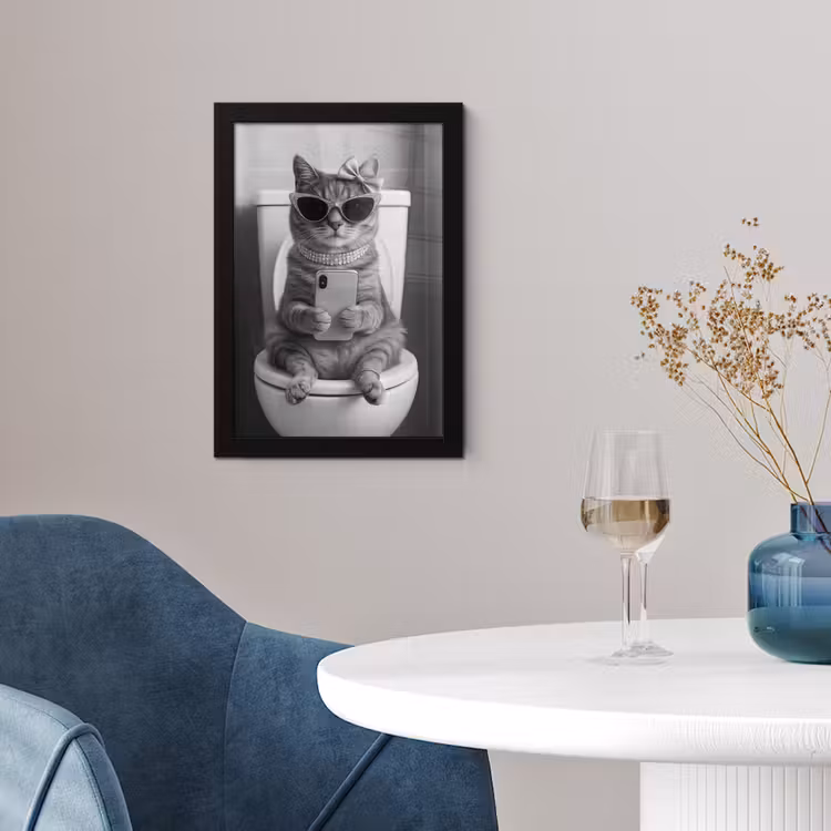 Poster met lijst - Kat - Telefoon - Toilet - Zwart - Wit — 2