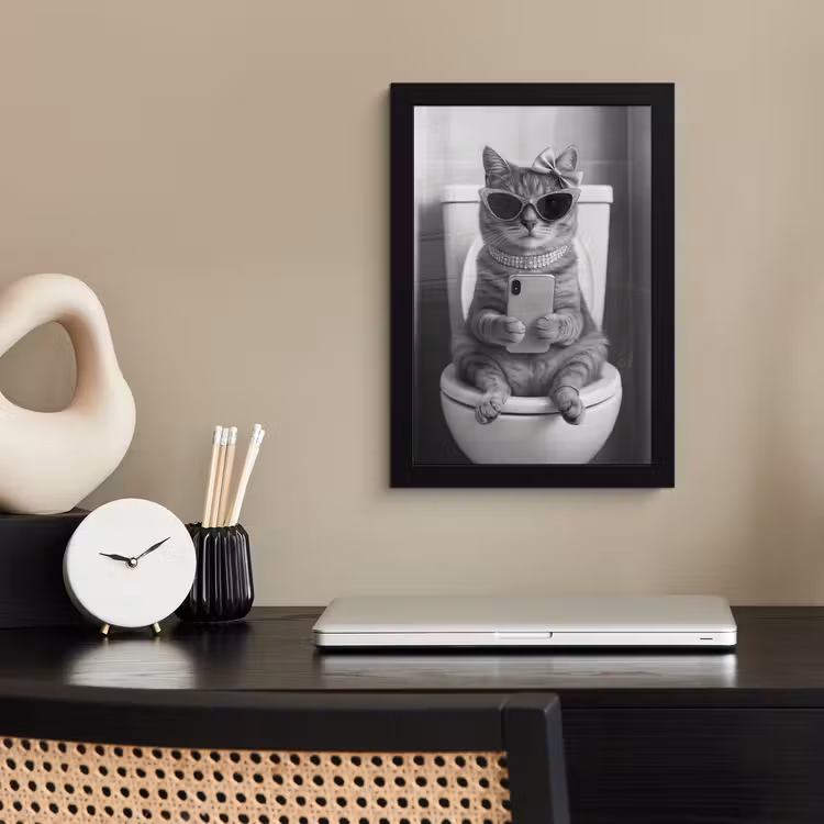 Poster met lijst - Kat - Telefoon - Toilet - Zwart - Wit — 3