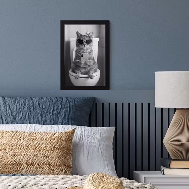 Poster met lijst - Kat - Telefoon - Toilet - Zwart - Wit — 4