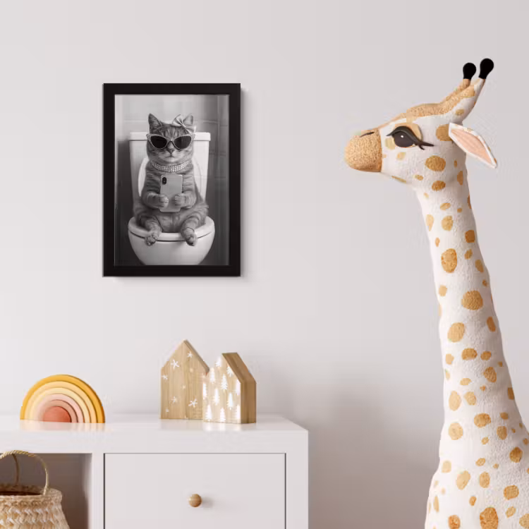Poster met lijst - Kat - Telefoon - Toilet - Zwart - Wit — 5