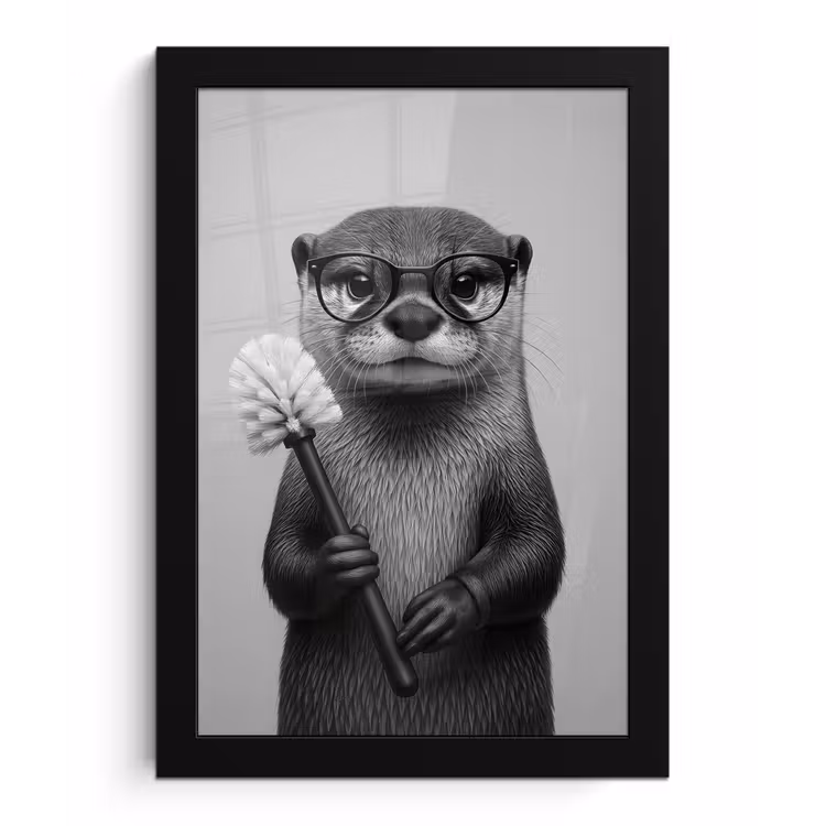 Poster met lijst - Otter - Wc-borstel - Bril - Zwart - Wit — 1