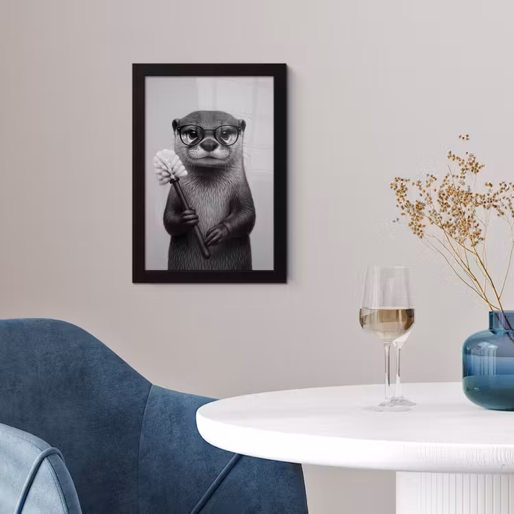 Poster met lijst - Otter - Wc-borstel - Bril - Zwart - Wit — 2