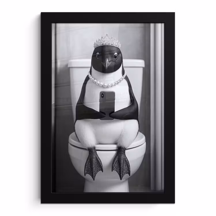 Poster met lijst - Pinguïn - Telefoon - Toilet - Zwart - Wit — 1