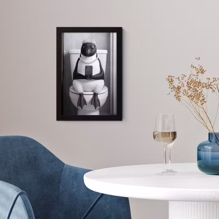 Poster met lijst - Pinguïn - Telefoon - Toilet - Zwart - Wit — 2