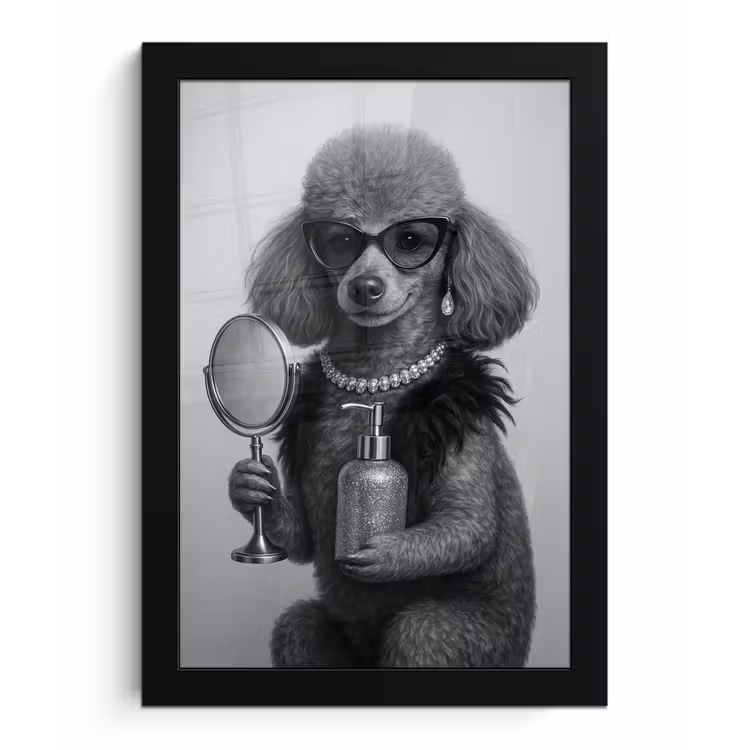 Poster met lijst - Poedel - Spiegel - Zwart - Wit — 1