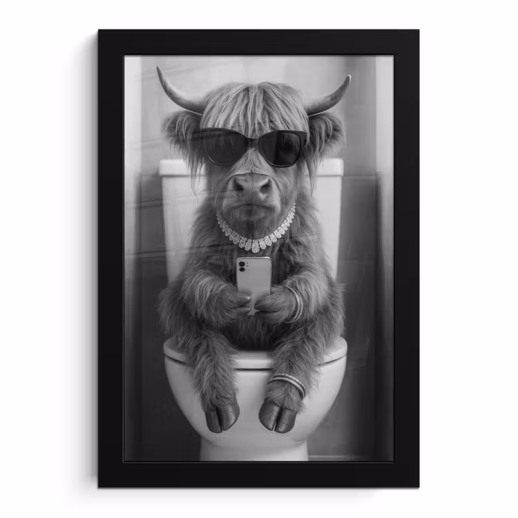 Poster met lijst - Stier - Telefoon - Toilet - Zwart - Wit — 1