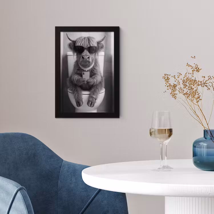 Poster met lijst - Stier - Telefoon - Toilet - Zwart - Wit — 2