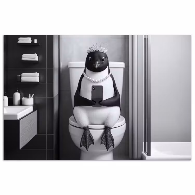 Poster - Pinguïn - Telefoon - Toilet - Zwart - Wit — 1
