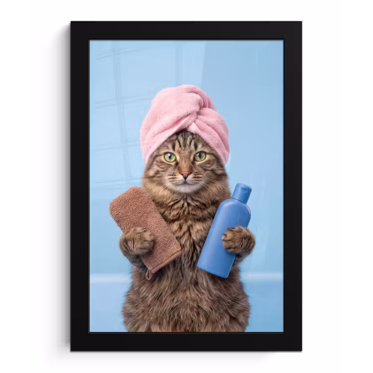 Poster met lijst - Kat - Handdoek - Washand - Zeep — 1