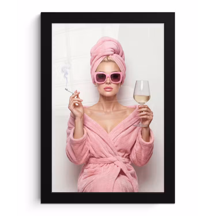 Poster met lijst - Vrouw - Roze - Wijn - Zonnebril — 1