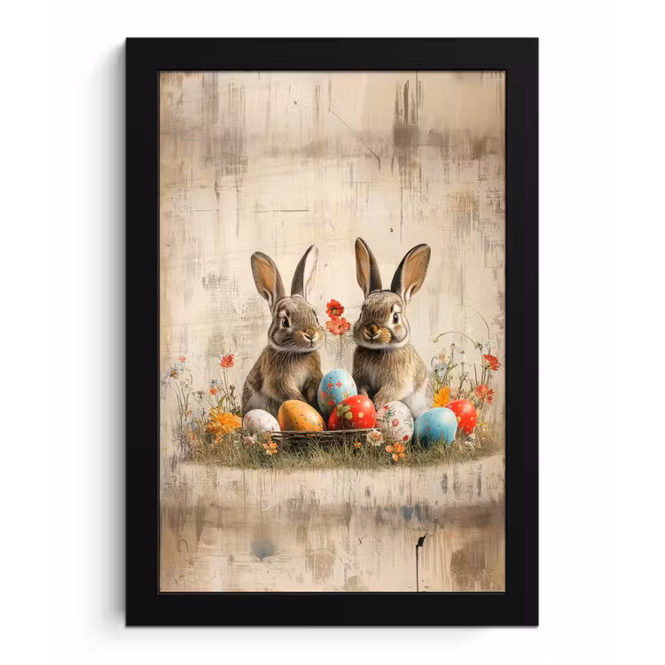 Poster met lijst - Konijnen - Bloemen - Eieren — 1