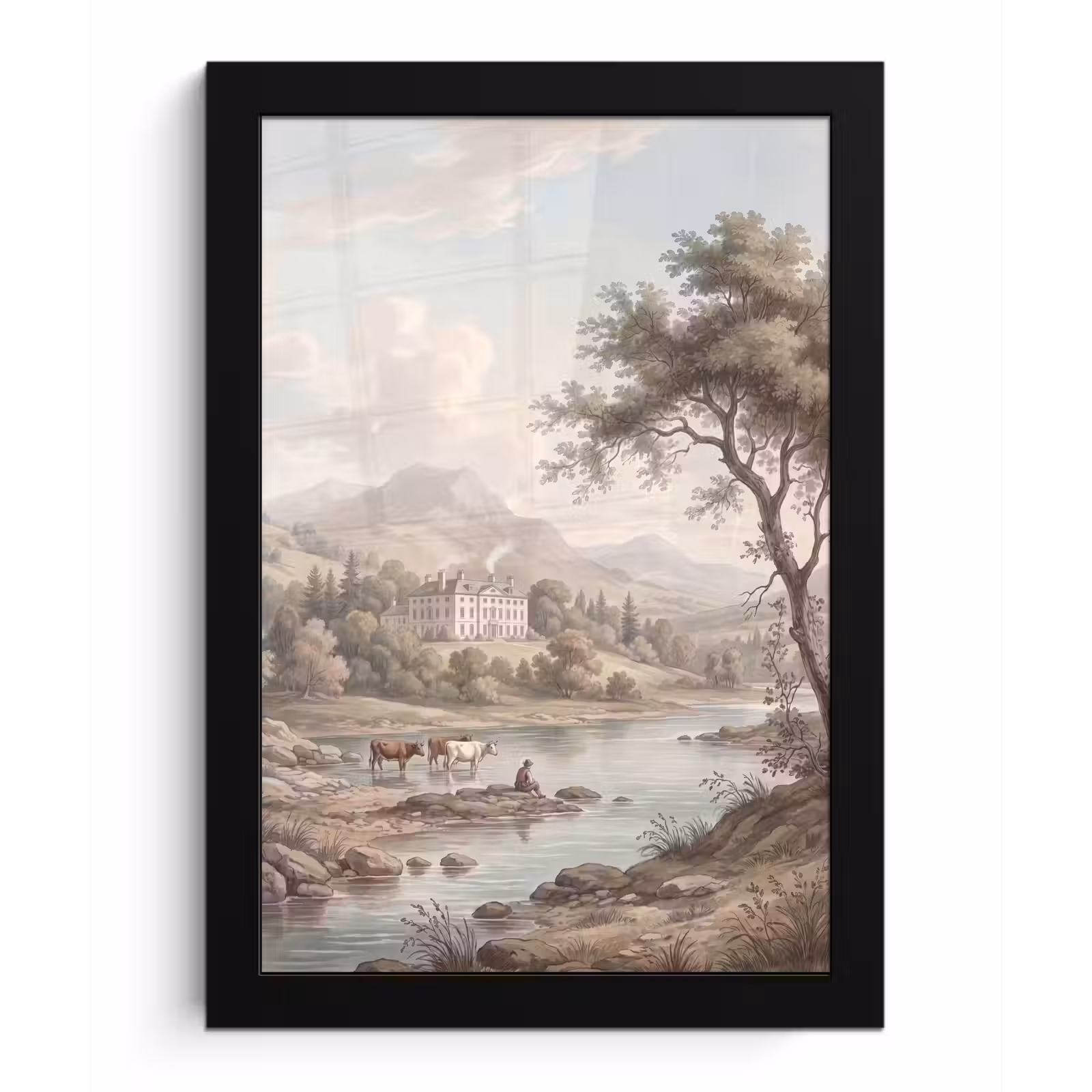 Poster met lijst - Landhuis - Rivier - Vee — 1