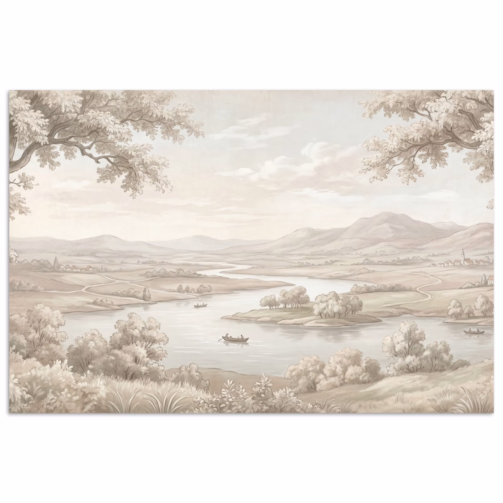 Poster - Rivierlandschap - Bergen - Natuur - Vintage - Beige — 1