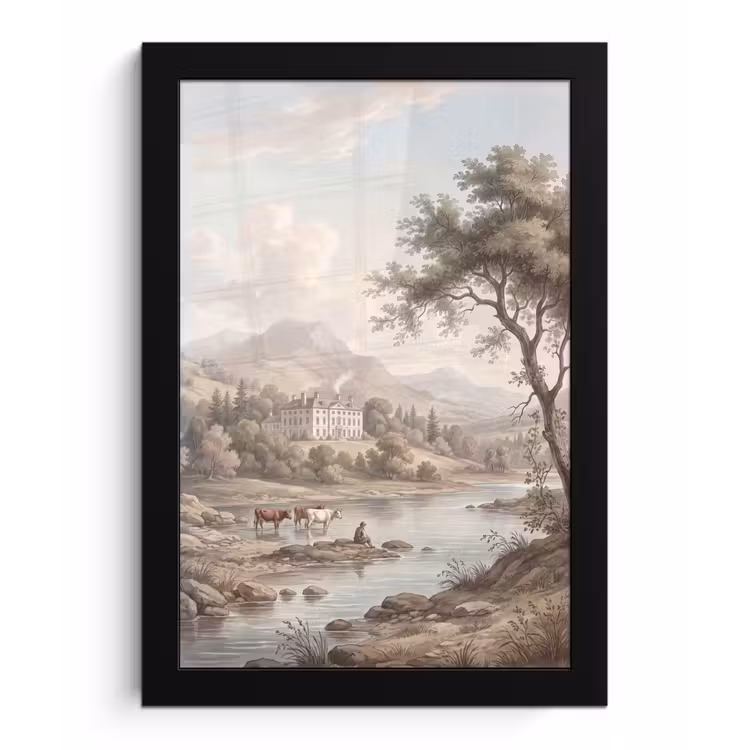 Poster met lijst - Landhuis - Rivier - Vee — 1