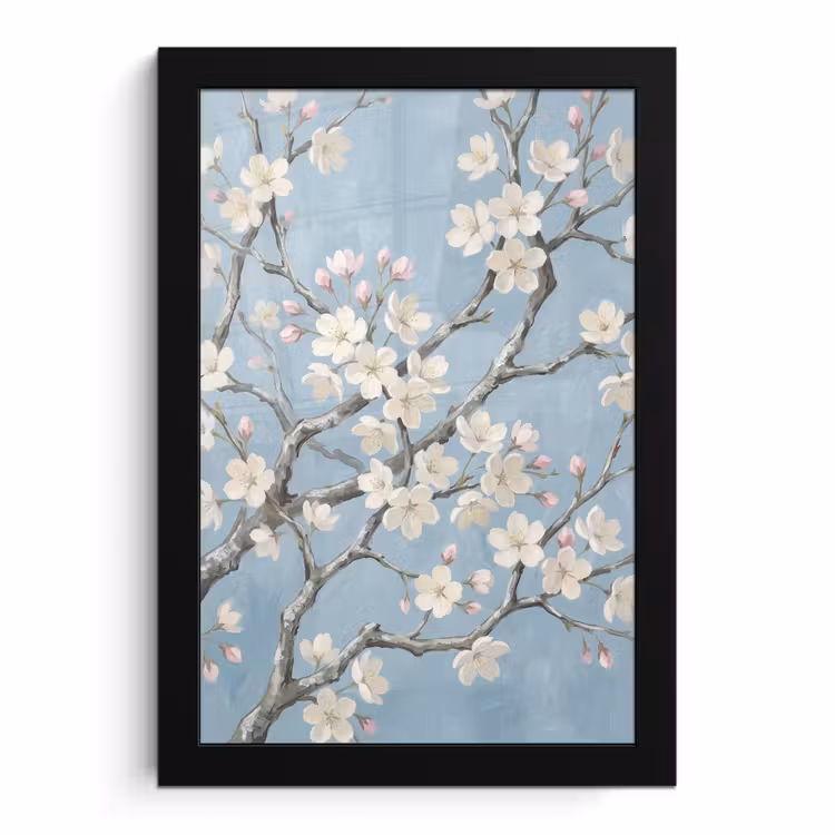 Poster met lijst - Takken - Kersenbloesem - Blauw — 1