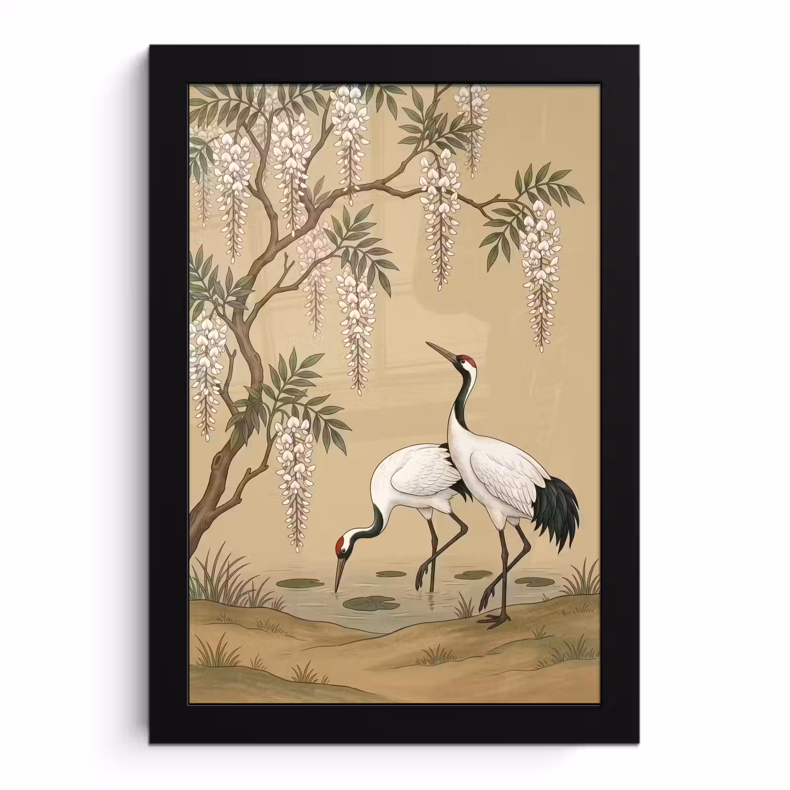 Poster met lijst - Kraanvogels - Water - Beige — 1