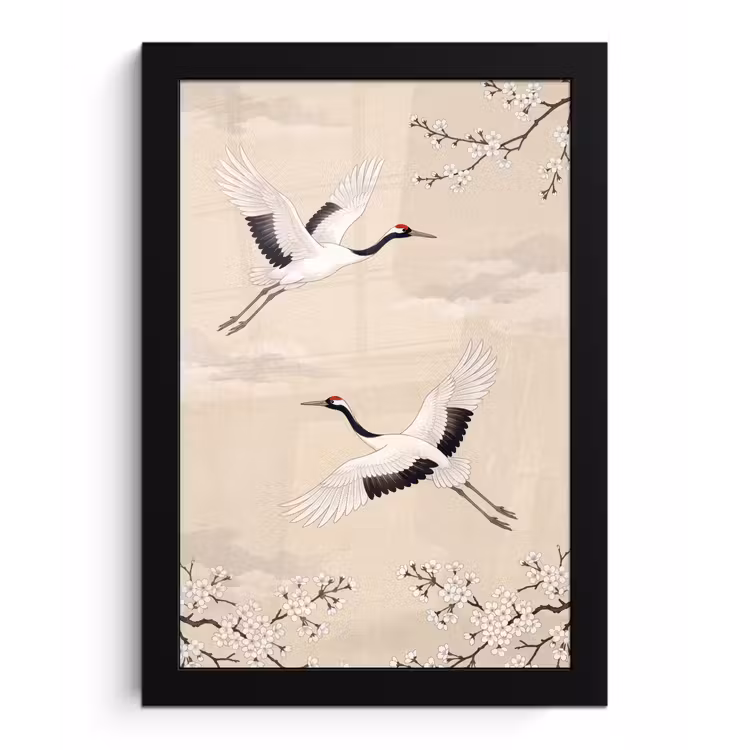 Poster met lijst - Kraanvogels - Bloesem - Beige — 1