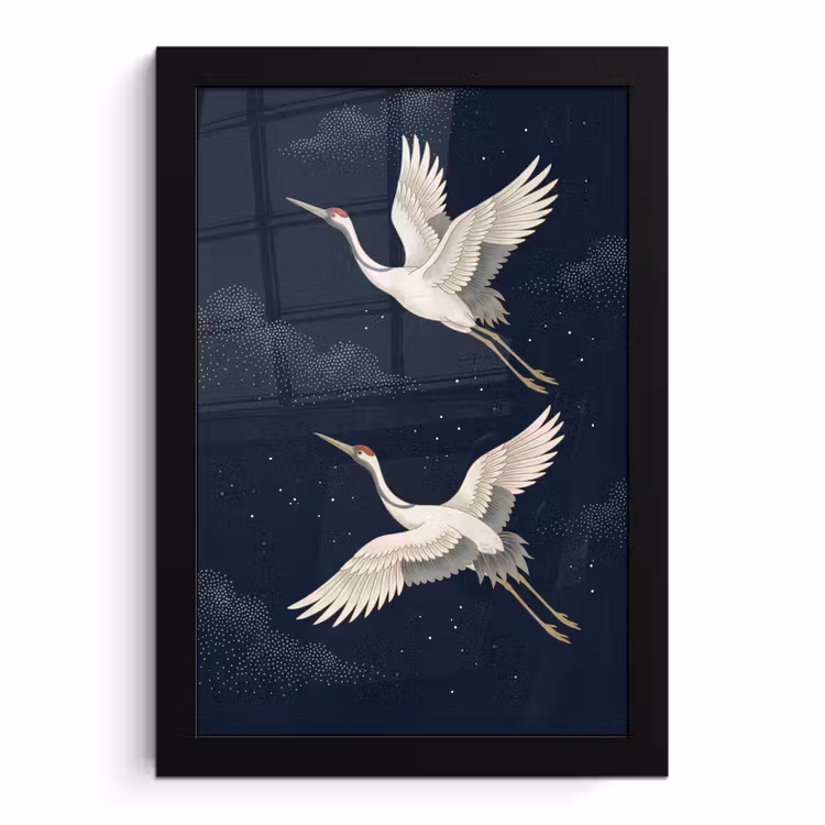 Poster met lijst - Kraanvogels - Nachthemel - Blauw — 1