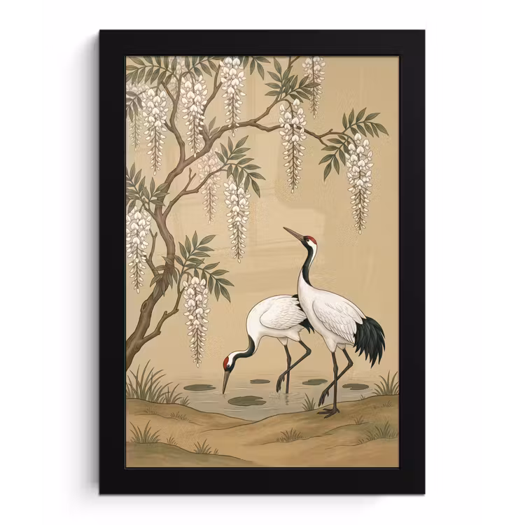 Poster met lijst - Kraanvogels - Water - Beige — 1