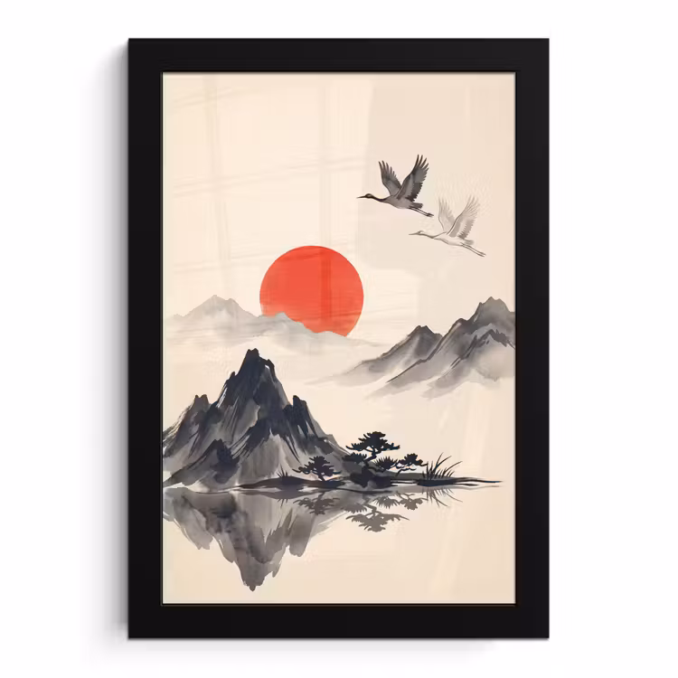 Poster met lijst - Oosters - Kraanvogels - Landschap — 1