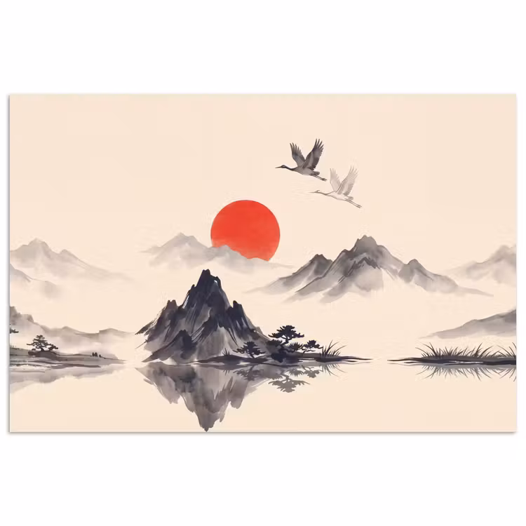 Poster - Oosters - Kraanvogels - Landschap — 1