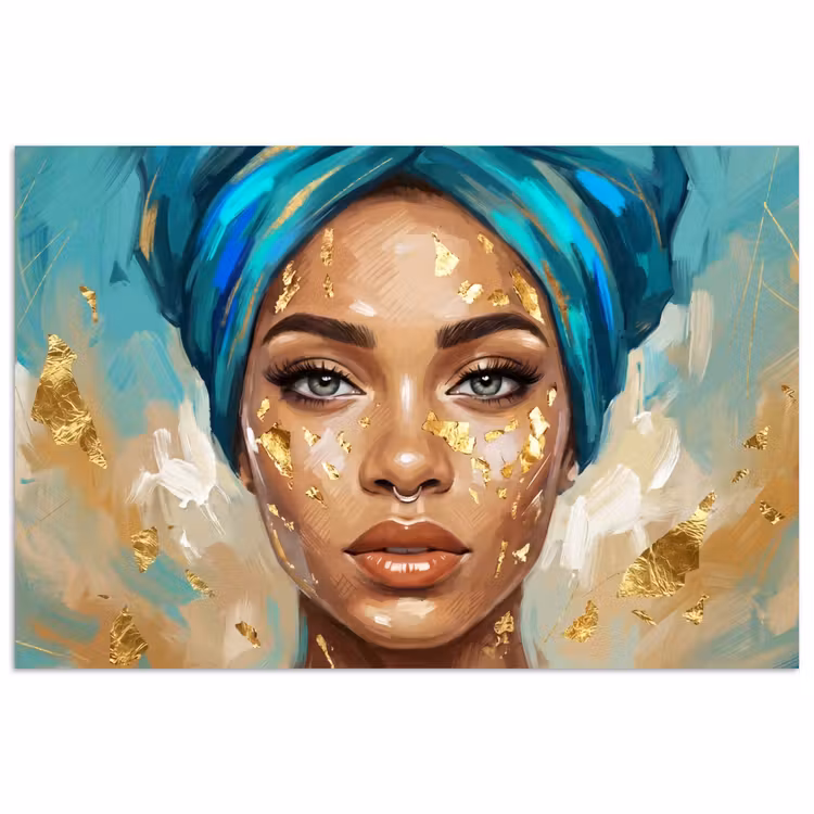 Poster - Portret - Vrouw - Schilderij - Blauw - Goud - Expressief — 1