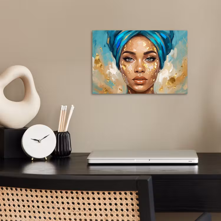 Poster - Portret - Vrouw - Schilderij - Blauw - Goud - Expressief — 2